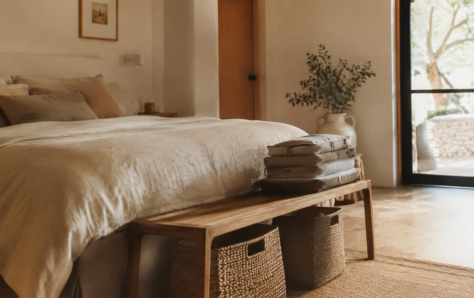 Calm bedroom with woven storage baskets and packing cubes